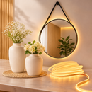 Espelho Redondo Decorativo Com Alça de Couro e LED