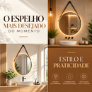 Espelho Redondo Decorativo Com Alça de Couro e LED